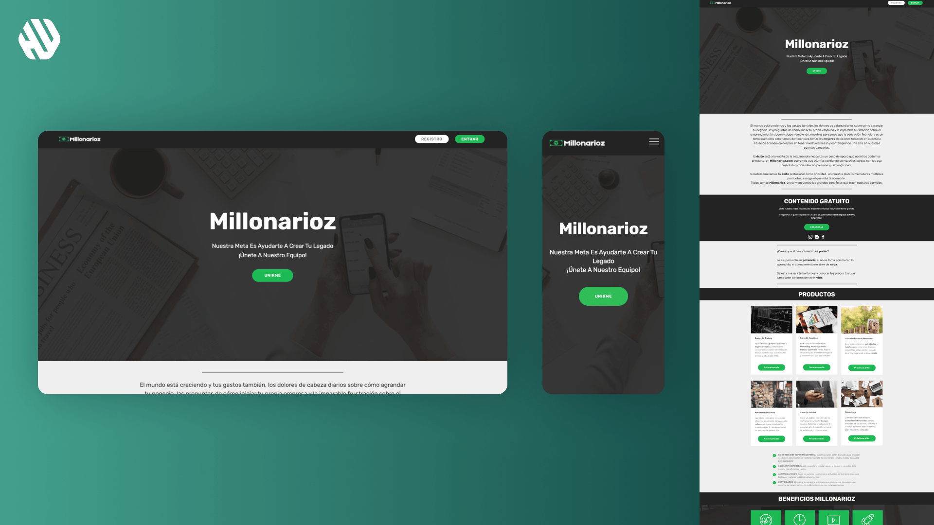 Screenshots of Millonarioz brand website on a dual-monitor setup showcasing homepage and content sections.